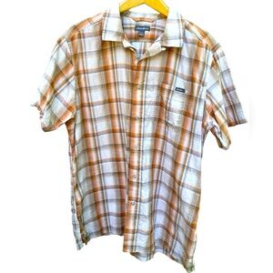🟠➕NWOT Eddie Bauer size large 100% cotton button shirt.  Nice orange/tan plaid!